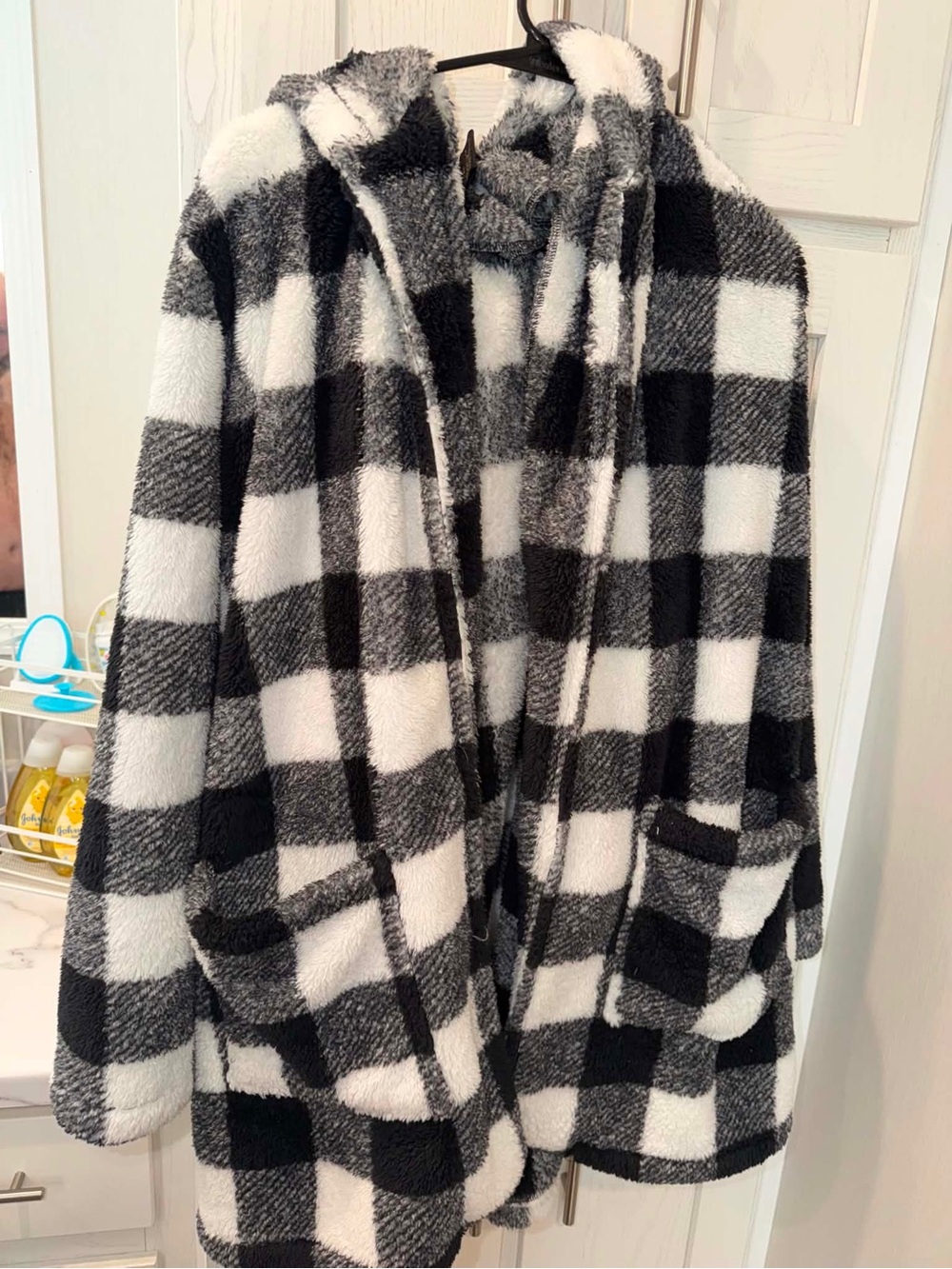 Plush Hooded Buffalo Check Teddy Jacket - Black & White